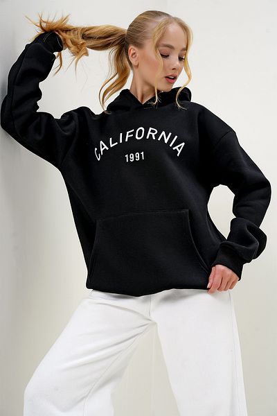Trend Alaçatı Stili Schwarzes Kapuzen-Kangru-Sweatshirt – Textdruck, Tasche, dreifädiges Raster ALC-X13079