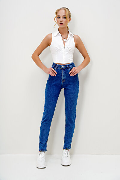 Trend Alaçatı Stili Női kék 5 zsebes mosható csőszárú Jean nadrág ALC-X13052