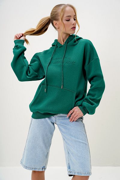 Trend Alaçatı Stili Women's Green Hooded Three Thread Ribbed Sweatshirt with Embossed Lettering on the Front Alc-X13078