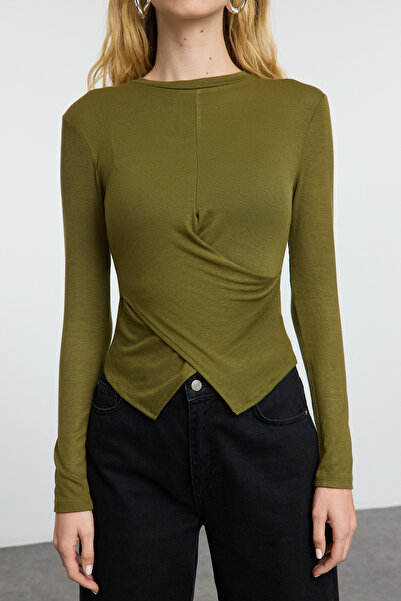 Trendyol Collection Khaki Slim Fit Knitted Blouse - Double Breasted and Drape Detail, Body Fitted Twoaw25Bz00216
