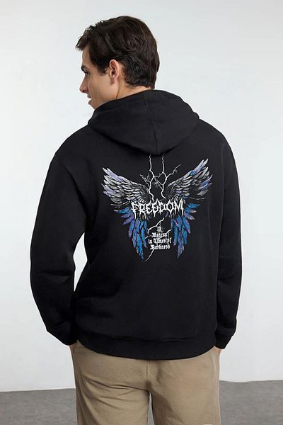 Trendyol Collection Μαύρο φούτερ με κουκούλα με στάμπα Freedom Freedom - TMNAW25SW00167