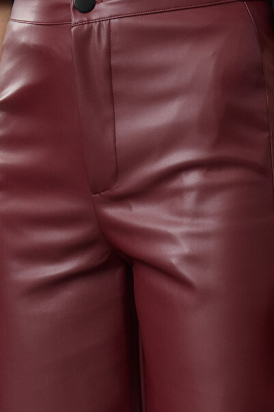 Trendyol Collection Faux Leather Claret Red Wide Leg Trousers - Pocket Detailed, Twoaw24Pl00103