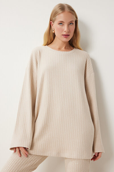 Happiness İstanbul Női krém kényelmes bordás kötött blúz nadrágkosztüm RG00047