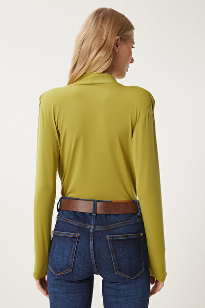 Happiness İstanbul Oil Green Padded Wraped Collar Women's Blouse Zh00039