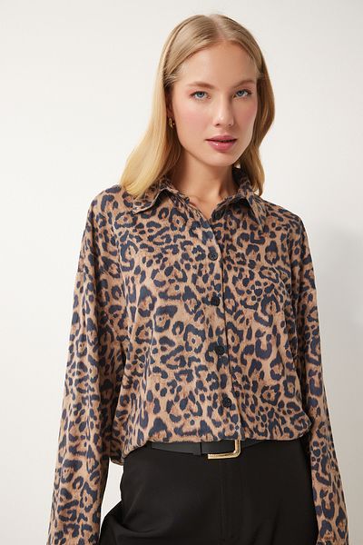 Happiness İstanbul Damen-Hemd aus Wildleder mit Leopardenmuster in Schwarz-Beige FN03403