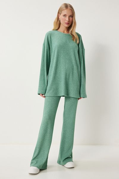 Happiness İstanbul Grünes Damen-Set aus gestrickter Bluse und Hose – bequemes, geripptes Design RG00047