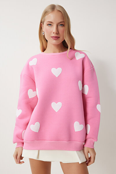 Happiness İstanbul Dámská růžová pletená mikina s texturou se srdcem Mp00030