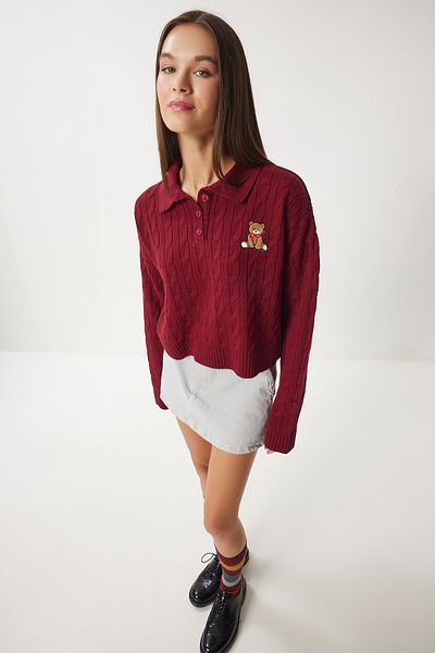 Happiness İstanbul Damen-Strickpullover mit bordeauxrotem Motiv ZH00043