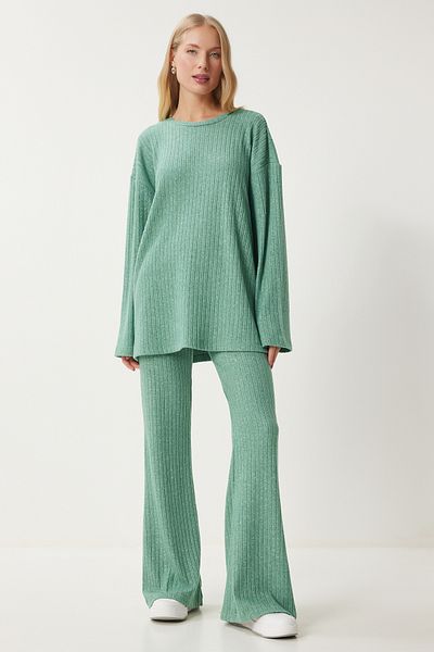 Happiness İstanbul Grünes Damen-Set aus gestrickter Bluse und Hose – bequemes, geripptes Design RG00047