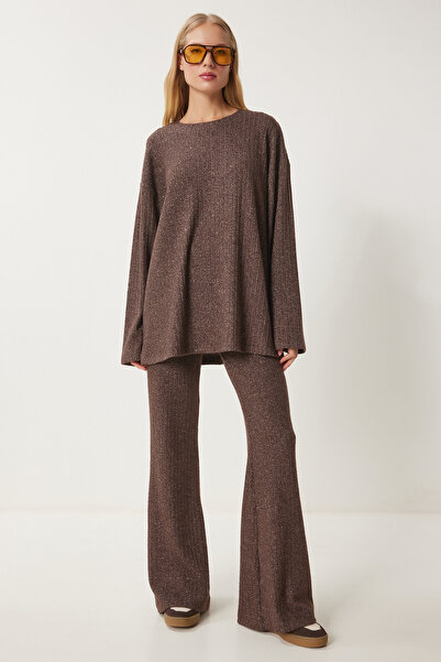 Happiness İstanbul Női barna kényelmes bordás kötött blúz nadrágkosztüm RG00047
