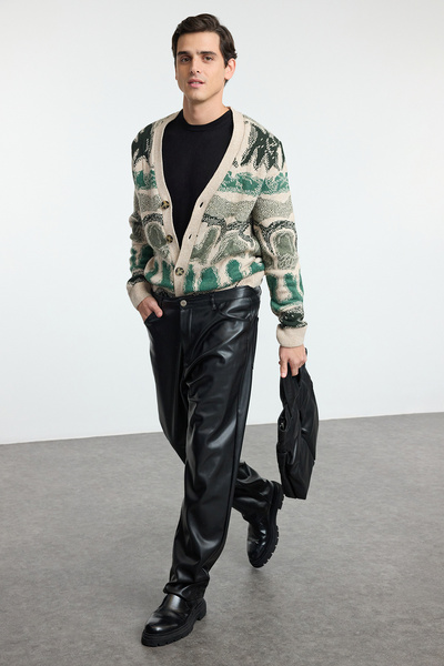 Trendyol Collection Men's V-neck Floral Knitwear Cardigan -MintFl Tmnaw25hi00004