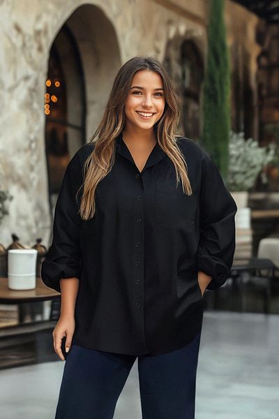 Trendyol Curve Schwarzes gewebtes Boyfriendhemd TBBS22GO0323