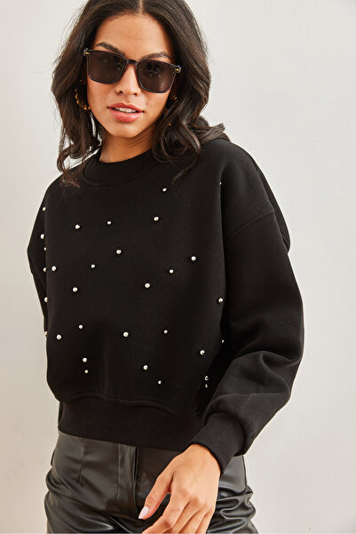 Olalook Kadın Siyah İnci Detaylı Şardonlu Crop Kalın Sweatshirt SWT-19000663