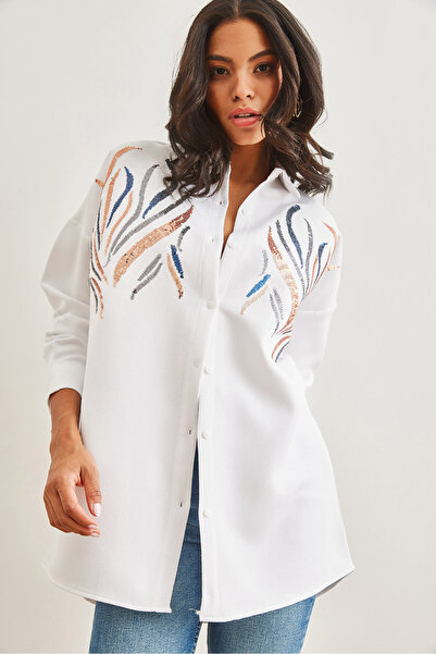 Olalook Kadın Beyaz Pul Payetli Yün Efektli Oversize Kışlık Gömlek GML-19001157