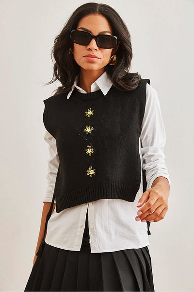 Olalook Women's Black Side Tie Embroidery Detailed Knitwear Sweater Svt- 00000040