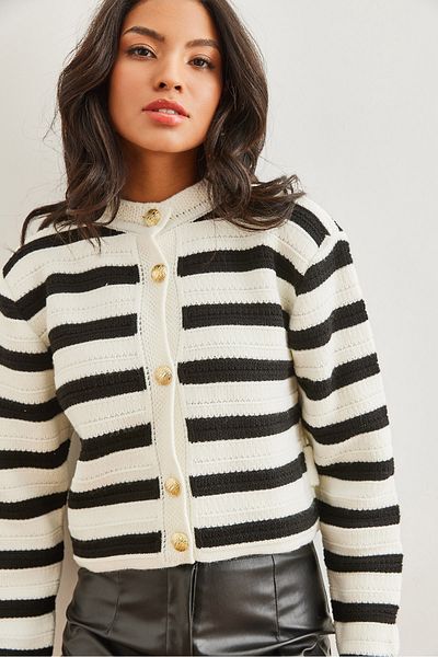 Olalook Cardigan alb cu dungi împletite în fagure de miere pentru femei HRK- 19000316