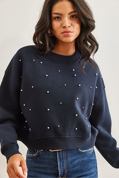 Olalook Mikina Navy Blue Pearl Detailed Thick Crop - Swt- 19000663