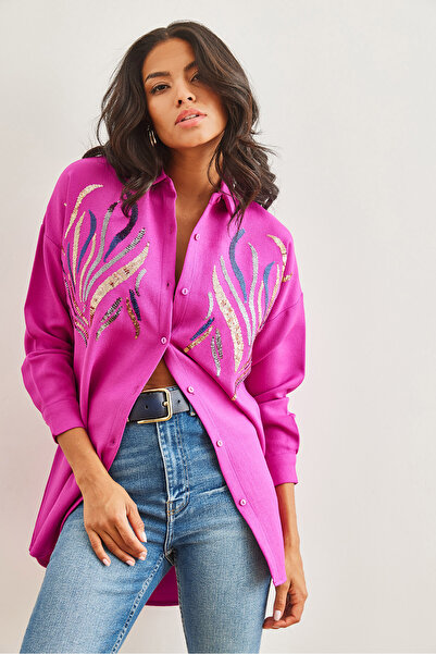 Olalook Cămașă de iarnă oversize cu paiete fucsia cu efect de lână GML- 19001157