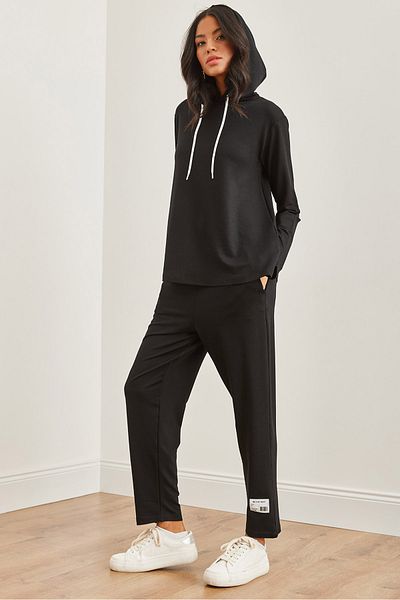 Olalook Schwarzes Damen-Trainingsanzug-Set mit Crest-Detail unten oben ETKM- 0000074