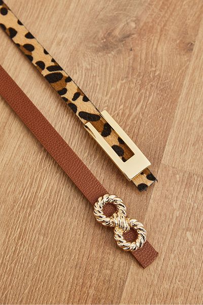 Olalook Tan Leopard 2-teiliges gestricktes Kunstleder-Gürtel-Set für Damen KMR- 19000152