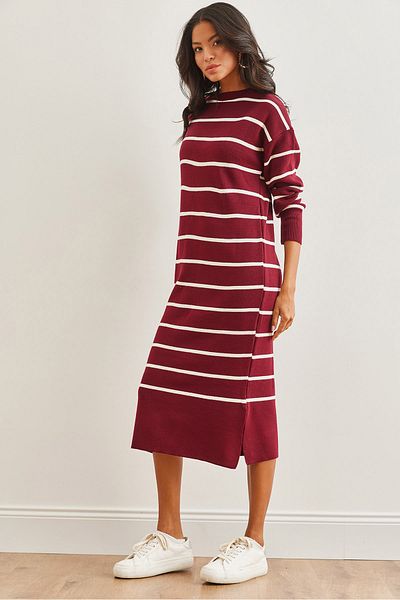 Olalook Burgunderrotes, gestreiftes, dickes Strickkleid mit Rundhalsausschnitt und Schlitz für Damen ELB- 19002250