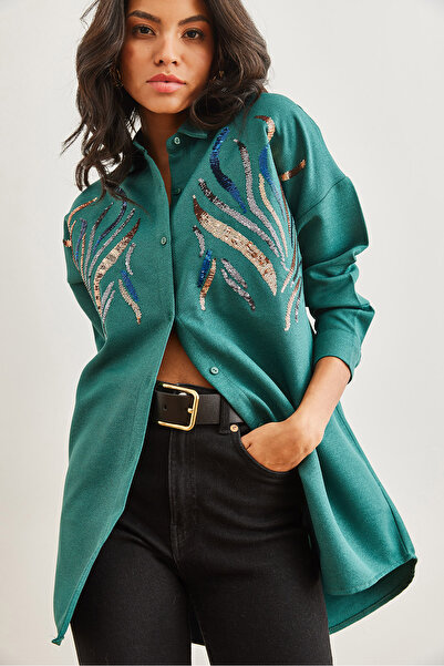 Olalook Women's Emerald Green Sequined Wool Effect Oversize Winter Shirt Gml- 19001157