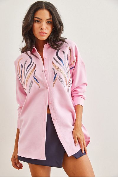 Olalook Women's Candy Pink Sequined Wool Effect Oversize Winter Shirt Gml- 19001157