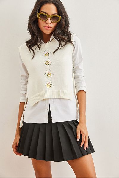 Olalook Women's Ecru Side Tie Embroidery Detailed Knitwear Sweater Svt- 00000040