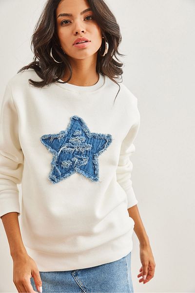 Olalook Ecru Denim Women's Sweatshirt - Heart Garnished and Raised, Thick - Swt- 19000691