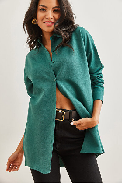 Olalook Γυναικείο σμαραγδένιο πράσινο μάλλινο εφέ Winter Basic πουκάμισο GML- 19001256