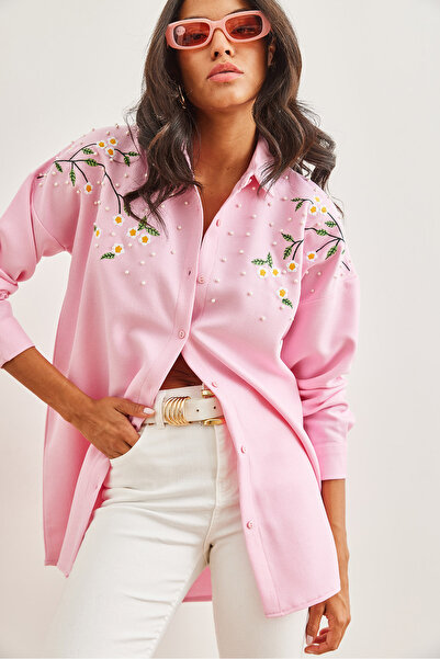 Olalook Kadın Şeker Pembe Nakışlı İncili Yün Efektli Oversize Kışlık Gömlek GML-19001159