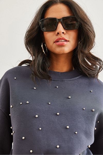 Olalook Mikina Antracite Pearl Detailed Thick Crop - Swt- 19000663