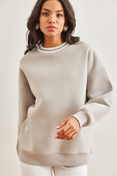 Olalook Kadın Gri Yaka Detaylı Şardonlu Kalın Sweatshirt SWT-19000687
