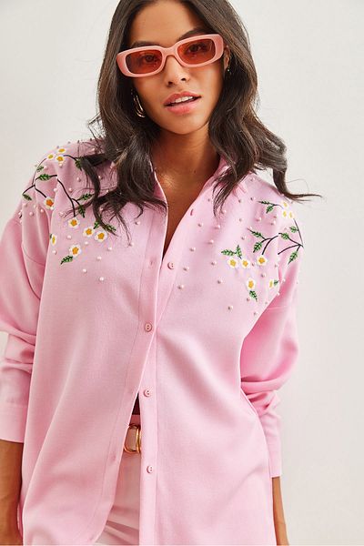 Olalook Candy Pink hímzett túlméretes téli ing - gyapjú hatású GML- 19001159