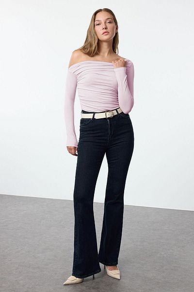 Trendyol Collection Ελαστική ροζ πλεκτή μπλούζα - Μακρύ μανίκι με λεπτομέρεια ντραπέ που εφαρμόζει στο σώμα TWOAW25BZ00248