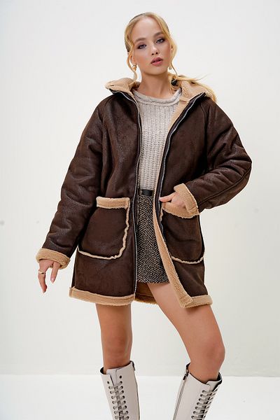 Trend Alaçatı Stili Brown Plush Suede Coat - Hooded and Bag Pocket, Alc-X13034