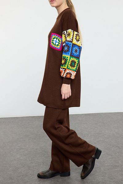Edit by Trendyol Καφέ μανίκι Χρώμα Ethnic Print Πλεκτά Πουλόβερ Παντελόνι Κάτω Σετ TEDAW25US00020