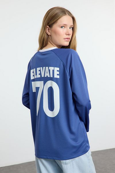 Trendyol Collection Polo Neck Blue Slogan Oversize T-Shirt - Twoaw25Ts00019