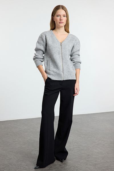 Trendyol Collection Gray Stone Embroidered Soft Knitwear Cardigan - Coat Look Twoaw25Hi00166