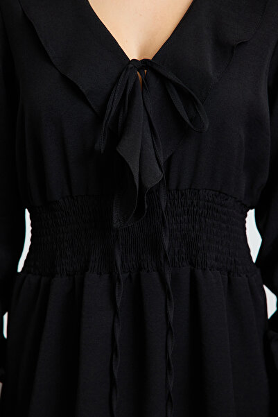 Edit by Trendyol Black Flounce Detailed Gimped Mini Woven Dress Tedaw25El00040