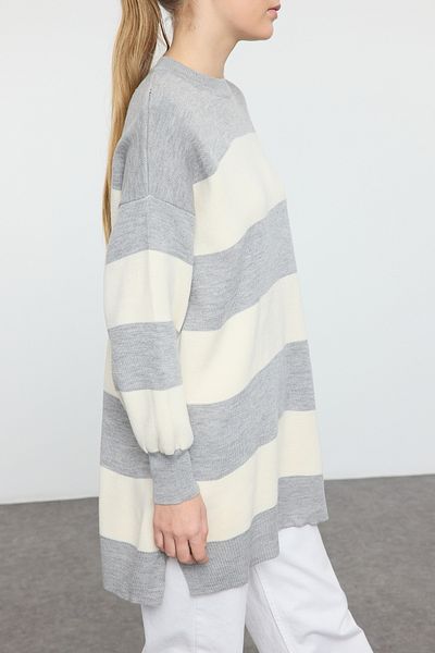Edit by Trendyol Gray Stone Striped Basic Knitwear Sweater Tedaw25Ak00009