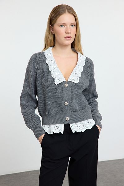 Trendyol Collection V-Neck Anthracite Knitwear Cardigan - Garni Detailed, Crop Cut Twoaw24Hi00221