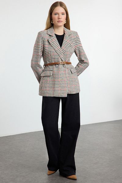 Trendyol Collection Mehrfarbige, regulär gefütterte, karierte Webjacke mit Gürtel