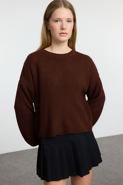 Trendyol Collection Double Sided Wearable Brown Knitwear Crop Sweater with Ribbon Detail - Twoaw25Kz00074