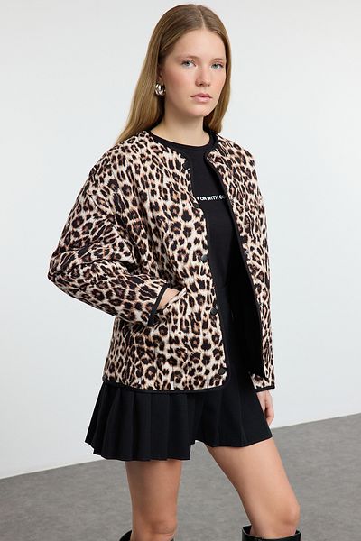 Trendyol Collection Multi-Colored Brown Leopard Print Quilted Slim Jacket Coat Twoaw25Mo00311