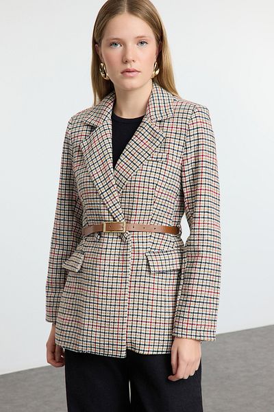 Trendyol Collection Mehrfarbige, regulär gefütterte, karierte Webjacke mit Gürtel