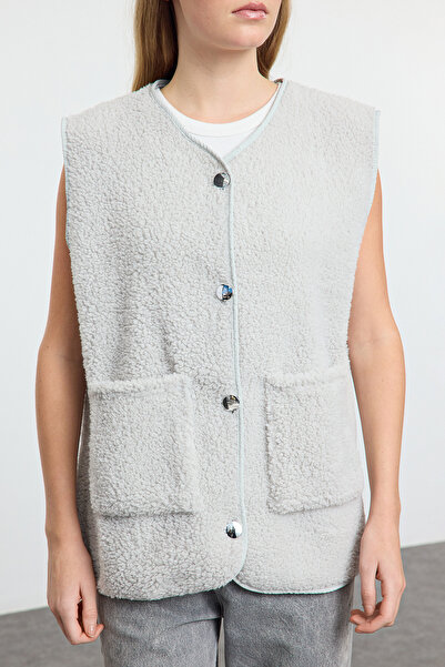 Trendyol Collection Gray Comfortable Plush Vest - Thick with Pockets Twoaw25Ye00093