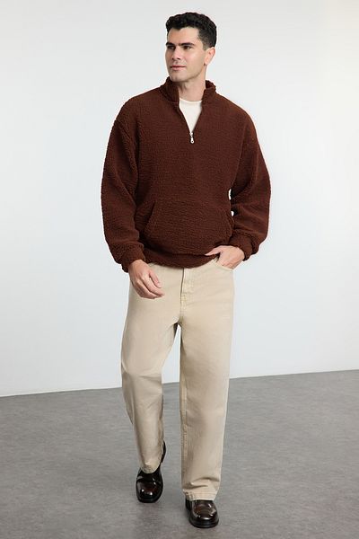 Trendyol Collection Σκούρο καφέ Oversize βελούδινο φούτερ με φερμουάρ - TMNAW25SW00107