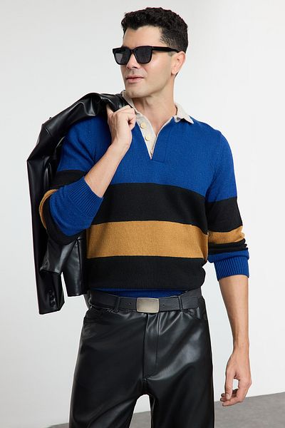 Trendyol Collection Color BlockedPoloCollar kötött pulóver - Tmnaw25kz00053
