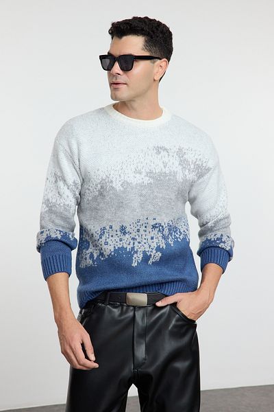 Trendyol Collection Pulover unisex Indigo cu decolteu peisaj tricotaj TMNAW25KZ00015